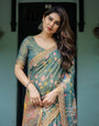 Divine Procession Teal Green Handloom Cotton Saree with Lotus Floral Print & Artistic Pallu