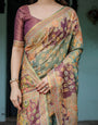 Sage Green & Maroon Handloom Cotton Saree with Mythical Tribal Art and Floral Motifs