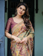 Sage Green & Maroon Handloom Cotton Saree with Mythical Tribal Art and Floral Motifs
