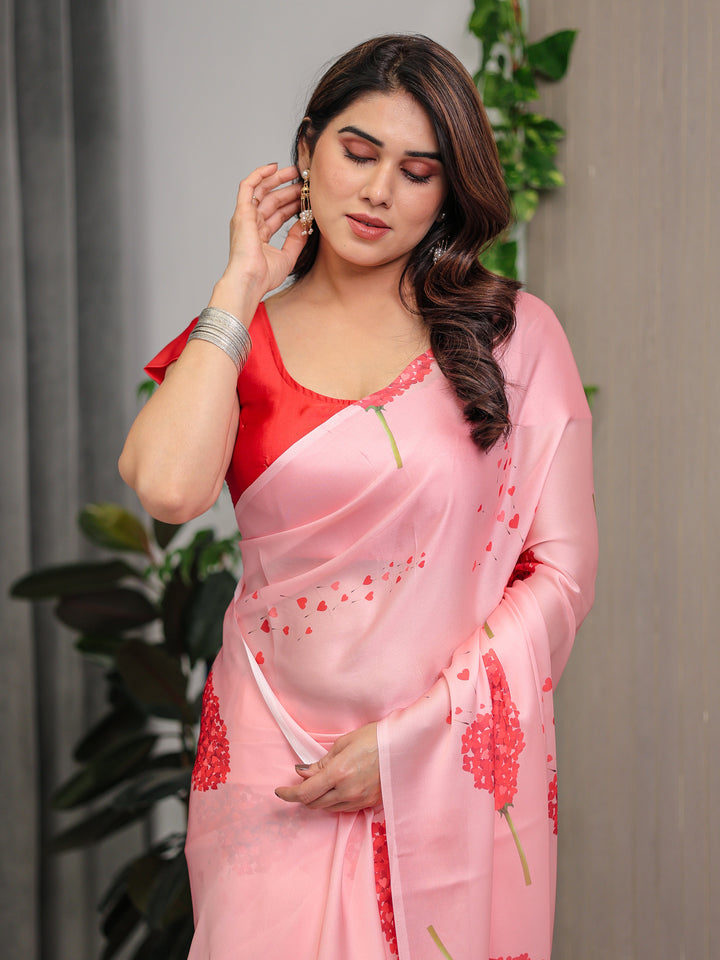 Blush Peach Satin Georgette Romantic Printed Saree with Heart Tree, Proposal Couple Artwork & Matching Blouse