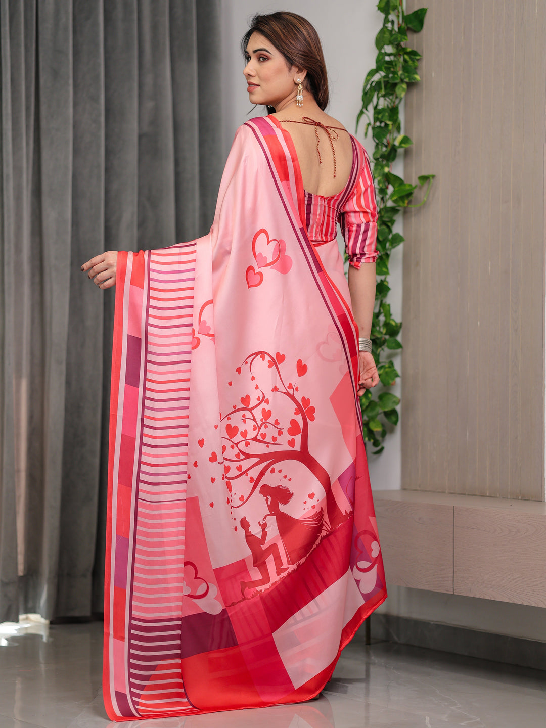 Rose Pink Satin Georgette Romantic Printed Saree with Proposal Silhouette, Heart Tree Pallu & Striped Border Blouse
