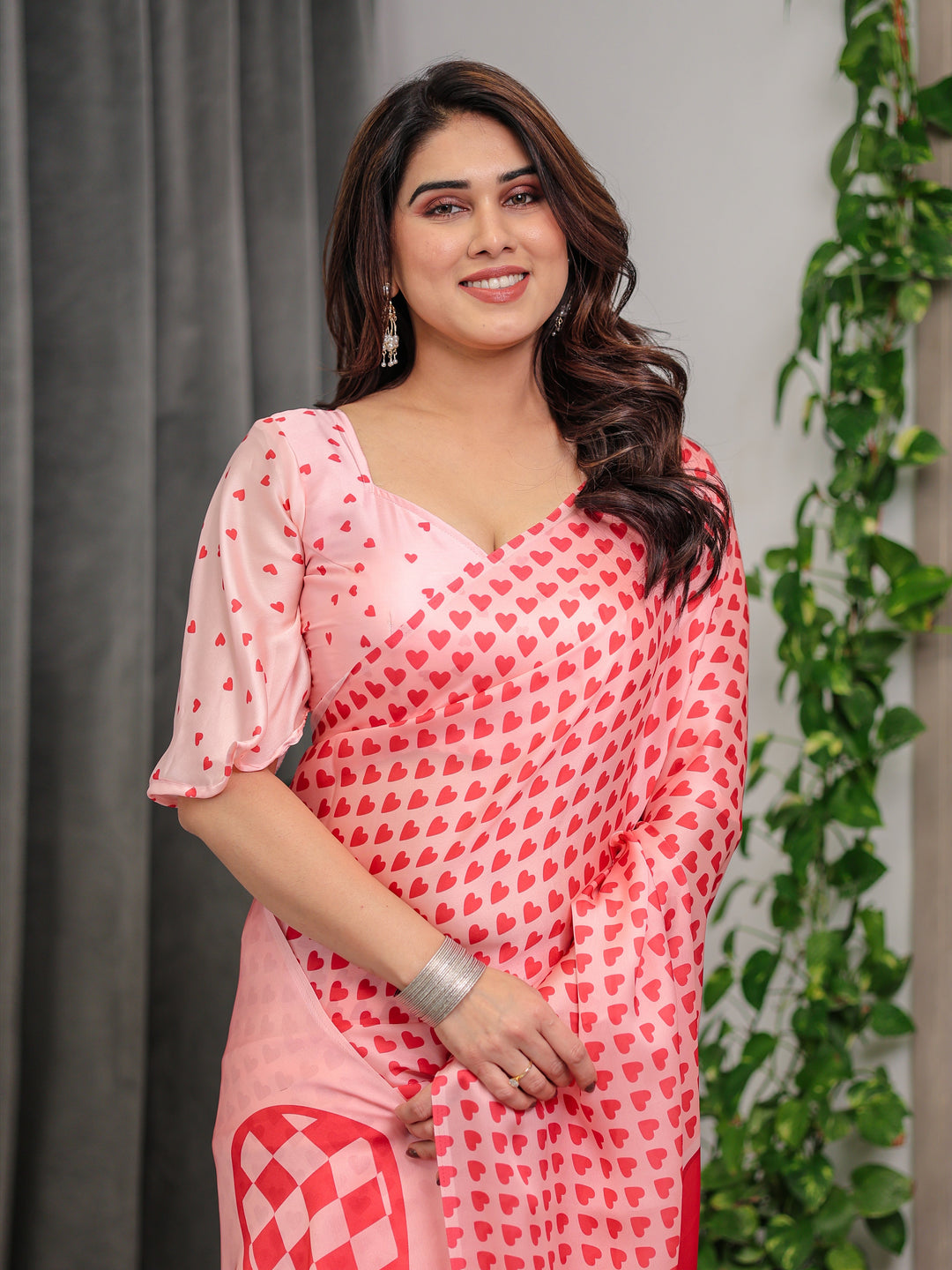 Soft Blush Pink Satin Georgette Heart Printed Saree with Gradient Love Motif Pallu & Matching Blouse