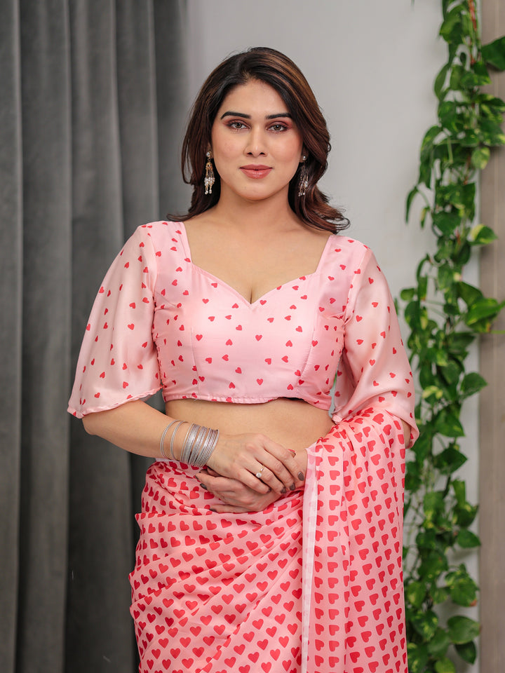 Soft Blush Pink Satin Georgette Heart Printed Saree with Gradient Love Motif Pallu & Matching Blouse