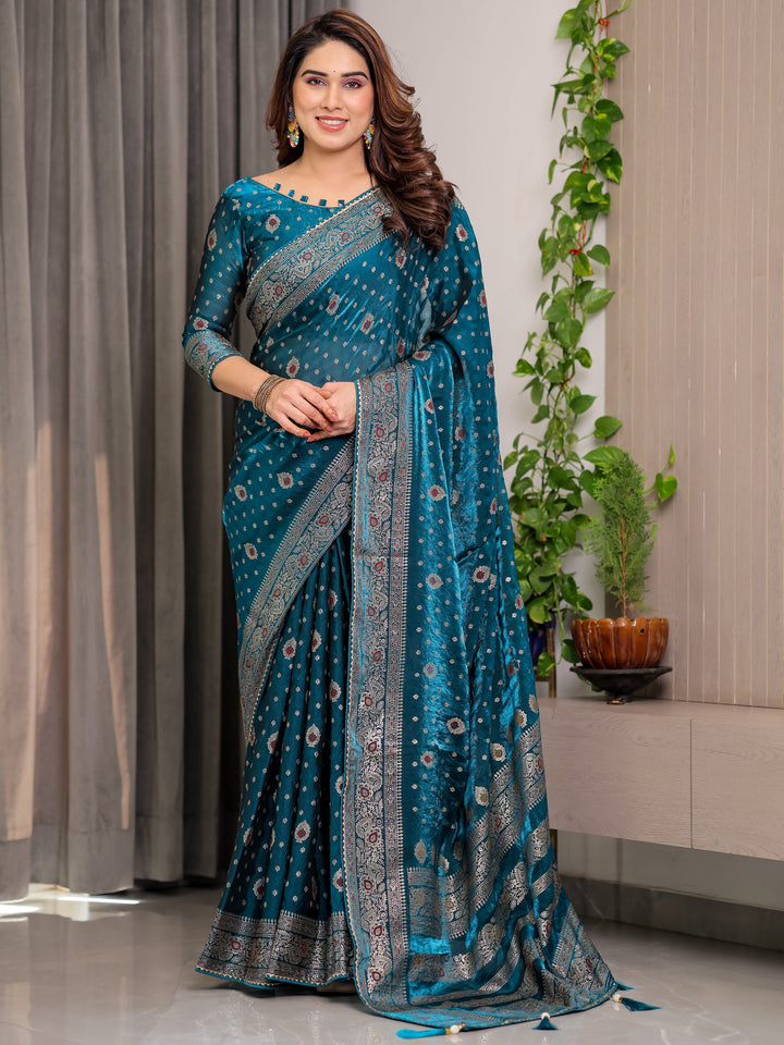 Peacock Teal Fendi Satin Block & Foil Printed Saree with Traditional Motifs, Tassel Edges & Attached Blouse