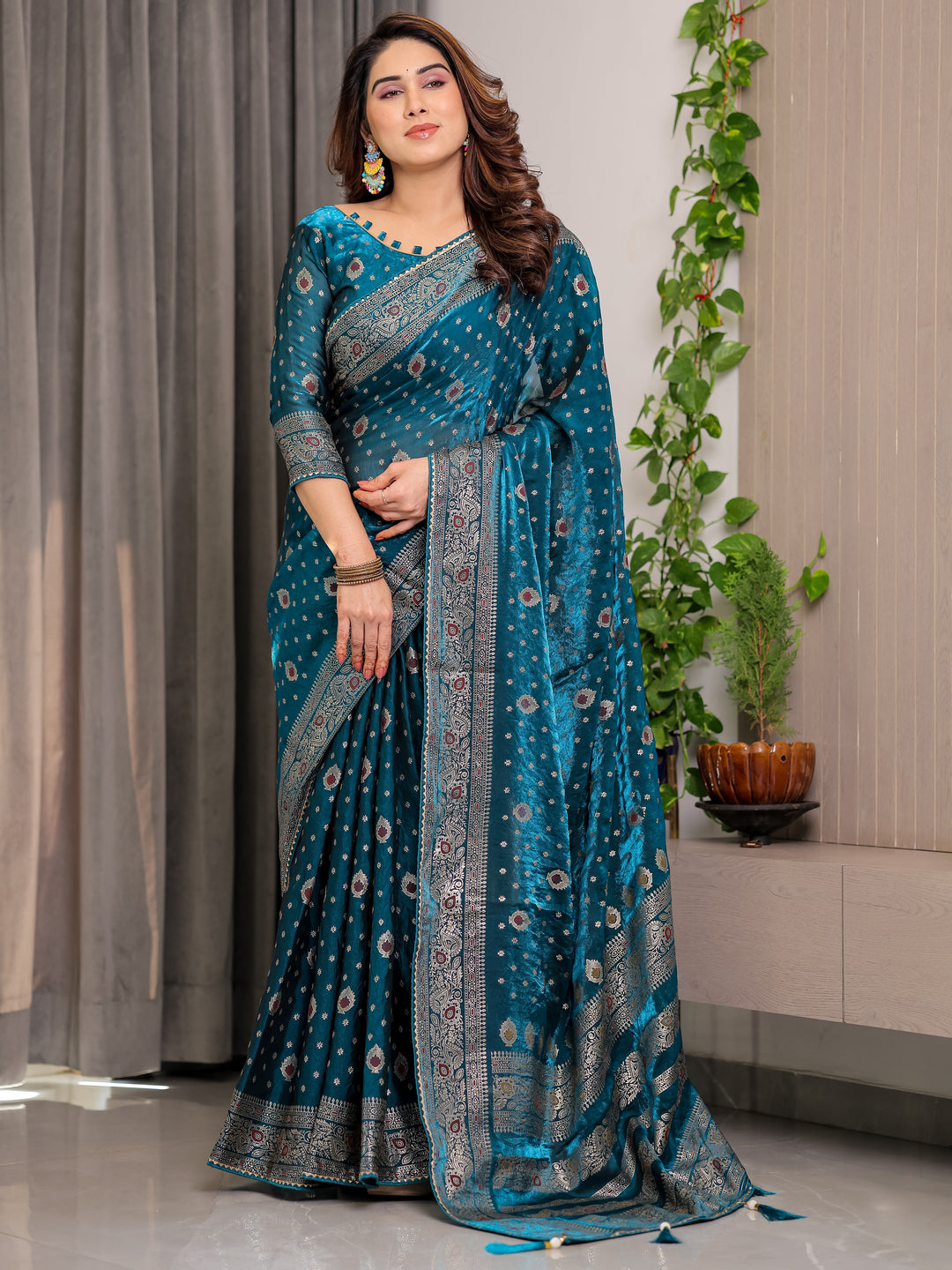 Peacock Teal Fendi Satin Block & Foil Printed Saree with Traditional Motifs, Tassel Edges & Attached Blouse