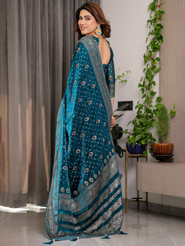 Peacock Teal Fendi Satin Block & Foil Printed Saree with Traditional Motifs, Tassel Edges & Attached Blouse