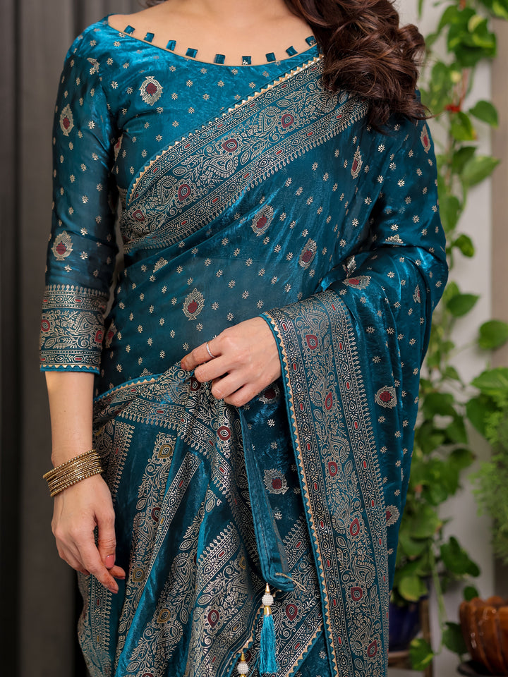 Peacock Teal Fendi Satin Block & Foil Printed Saree with Traditional Motifs, Tassel Edges & Attached Blouse