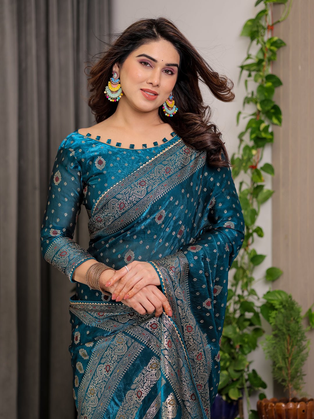 Peacock Teal Fendi Satin Block & Foil Printed Saree with Traditional Motifs, Tassel Edges & Attached Blouse