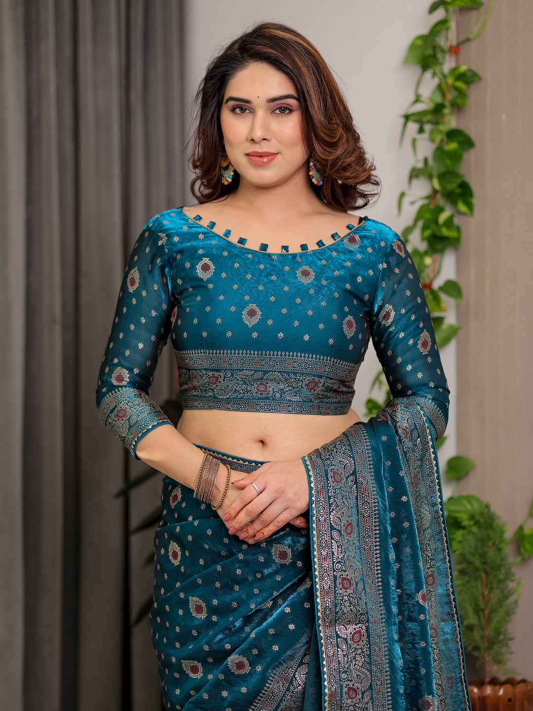 Peacock Teal Fendi Satin Block & Foil Printed Saree with Traditional Motifs, Tassel Edges & Attached Blouse