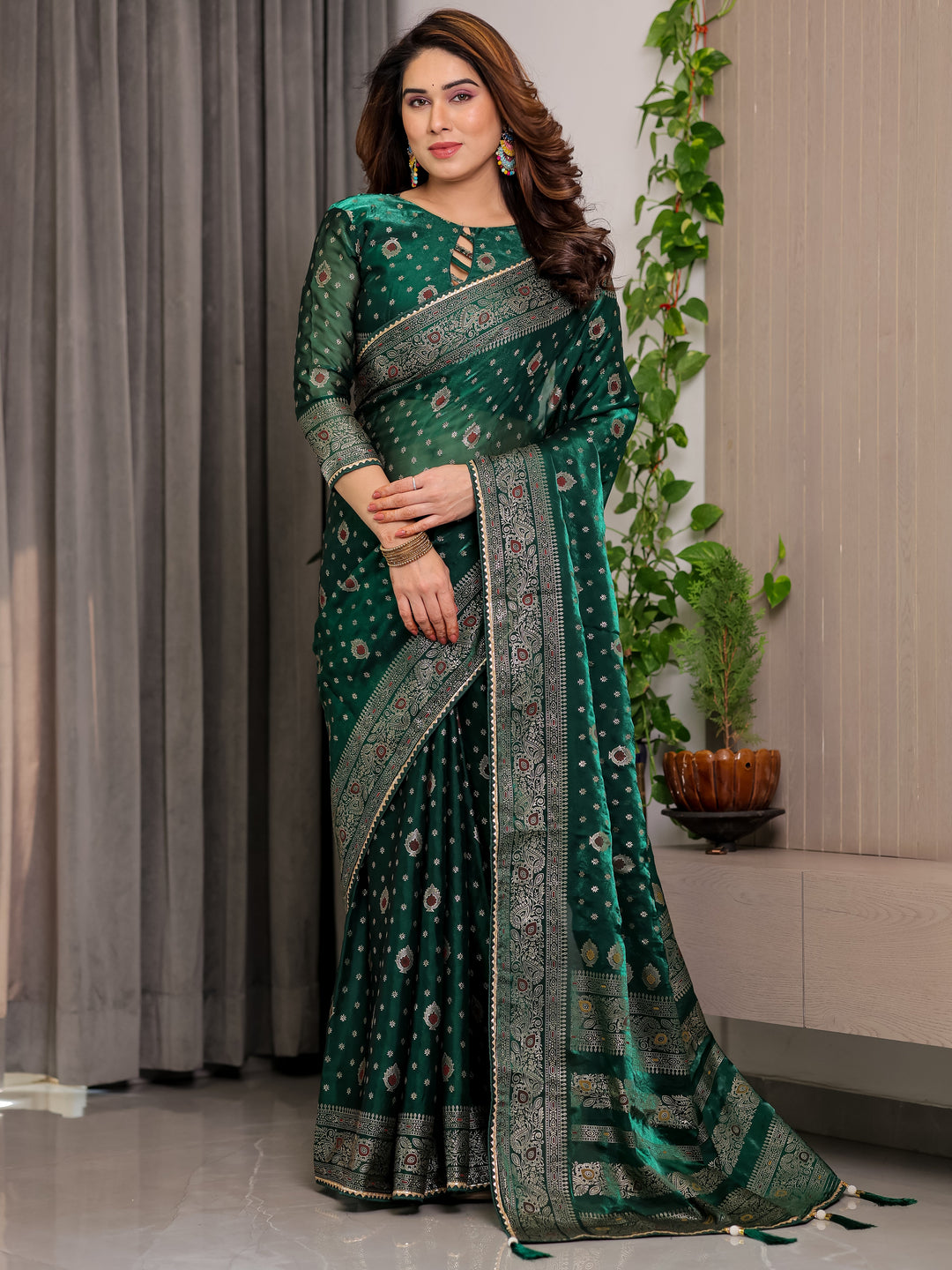 Emerald Green Fendi Satin Block & Foil Printed Saree with Traditional Butti Motifs, Tassel Edges & Attached Blouse