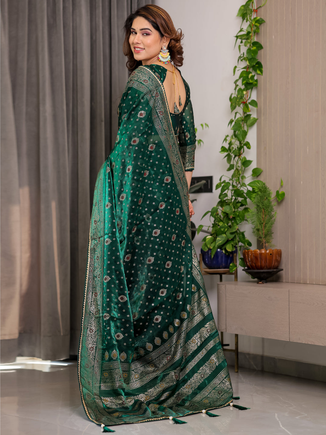Emerald Green Fendi Satin Block & Foil Printed Saree with Traditional Butti Motifs, Tassel Edges & Attached Blouse