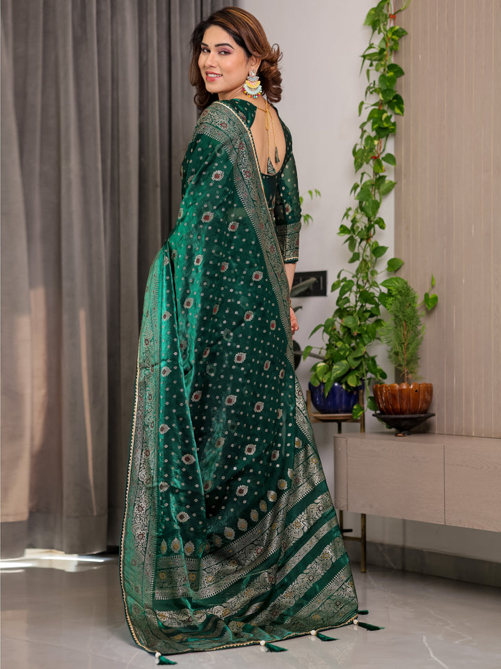 Emerald Green Fendi Satin Block & Foil Printed Saree with Traditional Butti Motifs, Tassel Edges & Attached Blouse