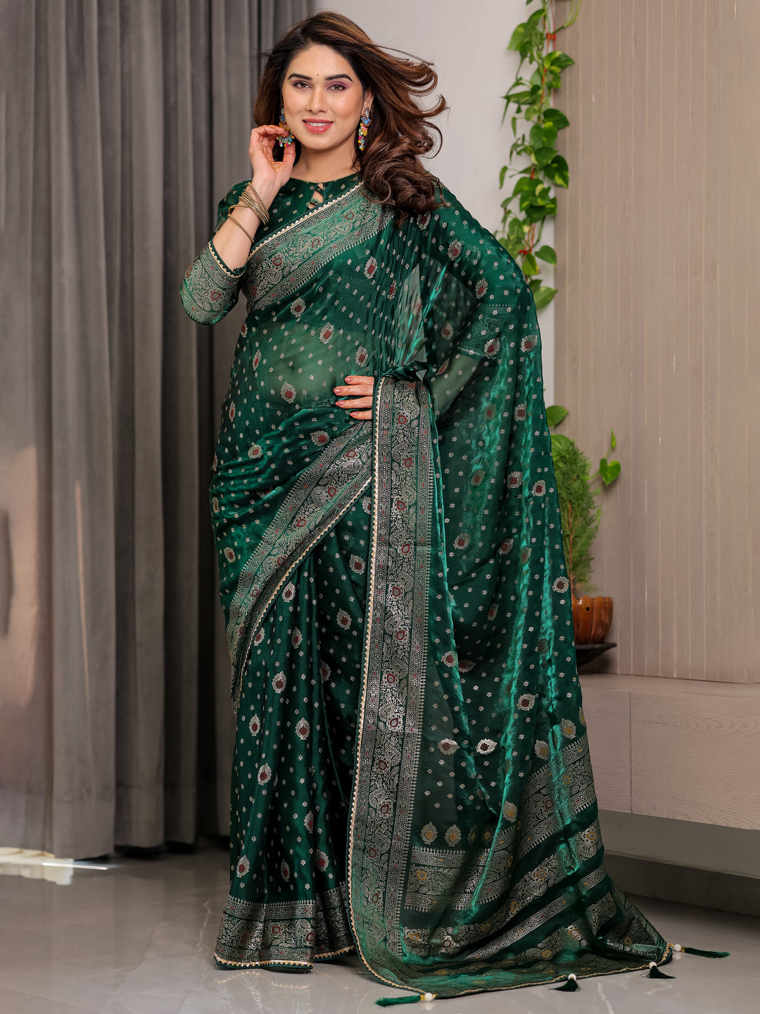Emerald Green Fendi Satin Block & Foil Printed Saree with Traditional Butti Motifs, Tassel Edges & Attached Blouse