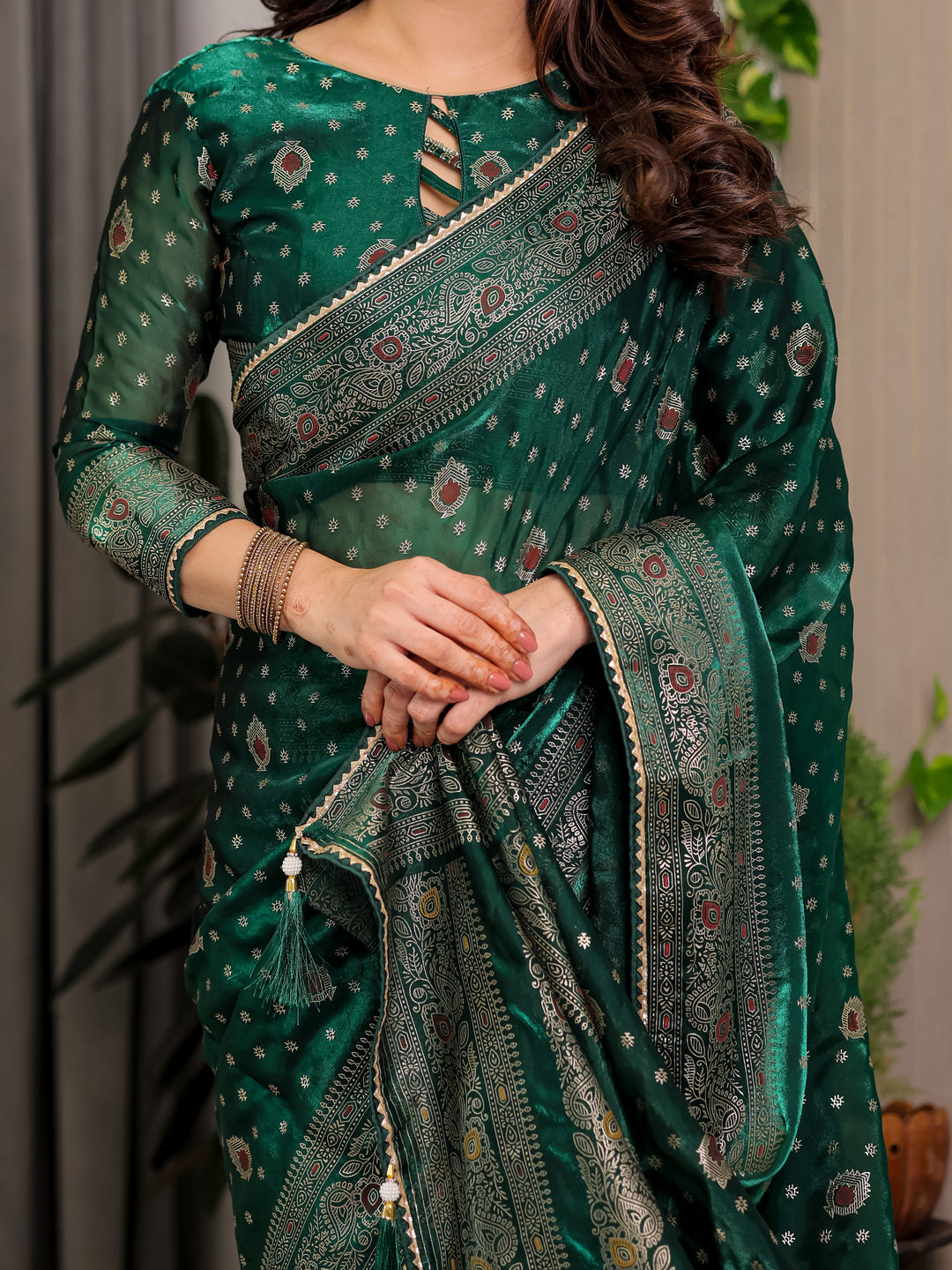 Emerald Green Fendi Satin Block & Foil Printed Saree with Traditional Butti Motifs, Tassel Edges & Attached Blouse