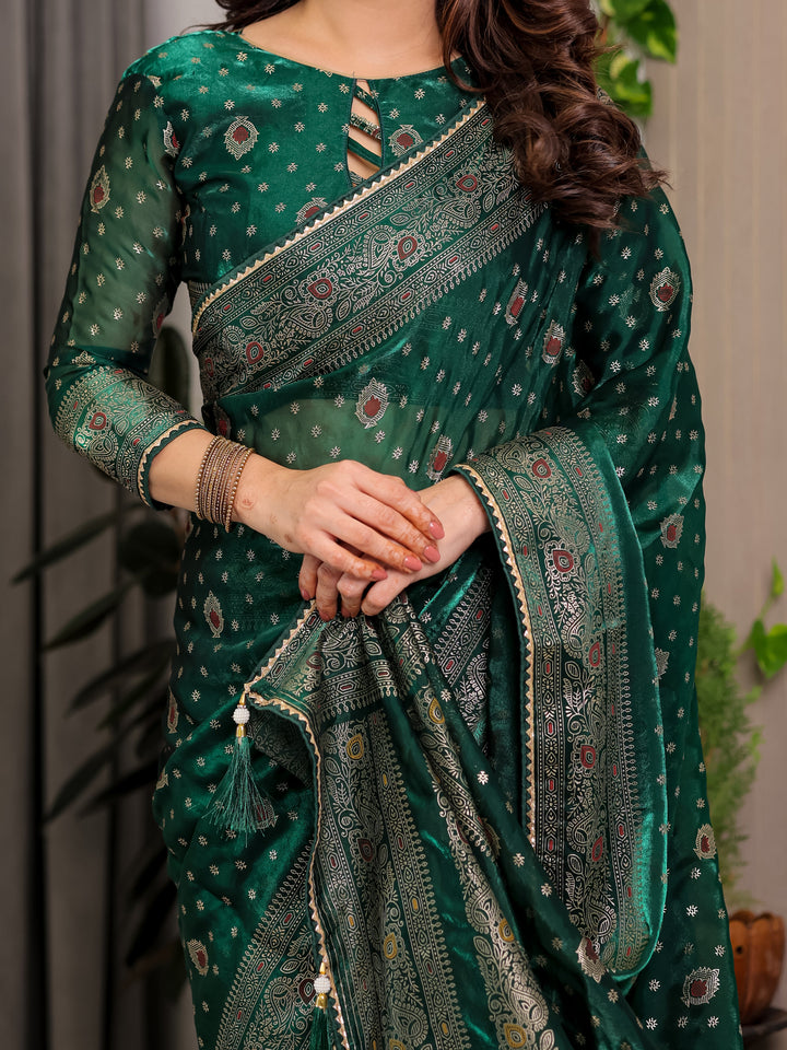 Emerald Green Fendi Satin Block & Foil Printed Saree with Traditional Butti Motifs, Tassel Edges & Attached Blouse