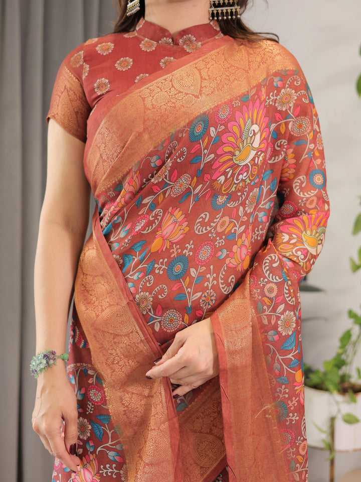 Rust Orange Cotton Linen Saree with Multicolor Floral Print & Zari Border | With Blouse