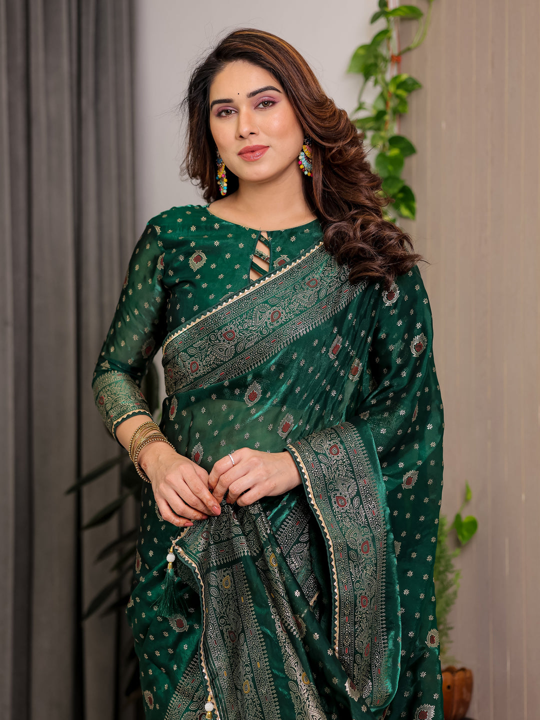 Emerald Green Fendi Satin Block & Foil Printed Saree with Traditional Butti Motifs, Tassel Edges & Attached Blouse