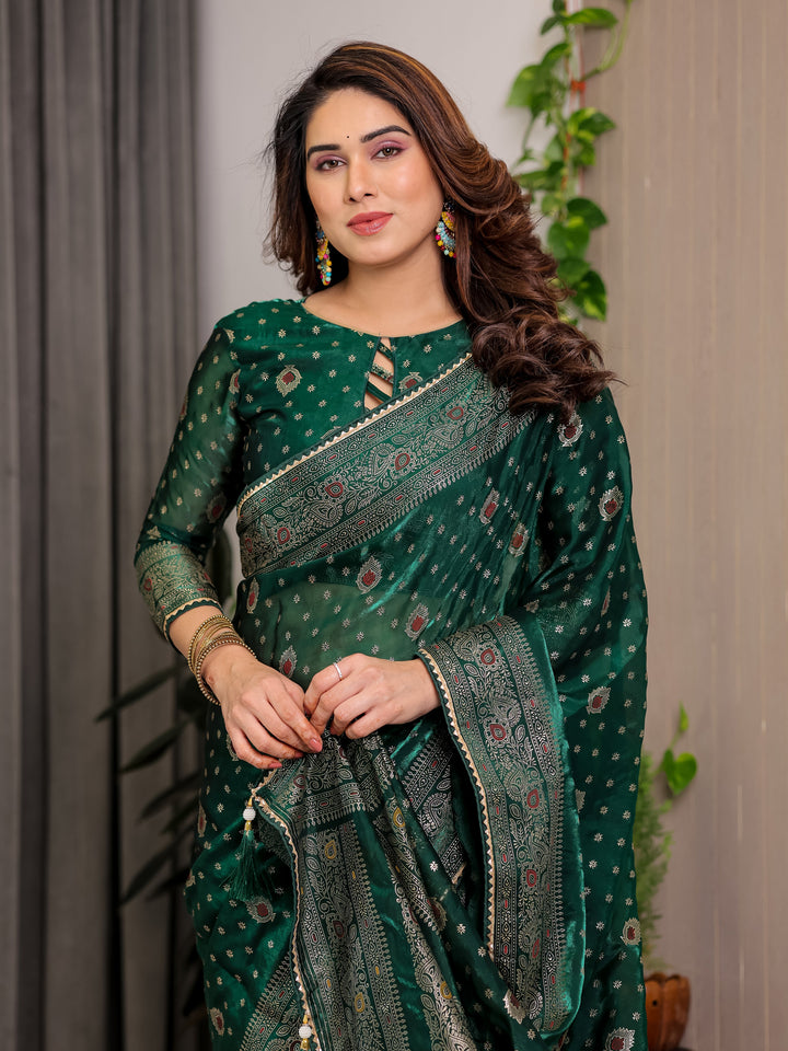 Emerald Green Fendi Satin Block & Foil Printed Saree with Traditional Butti Motifs, Tassel Edges & Attached Blouse