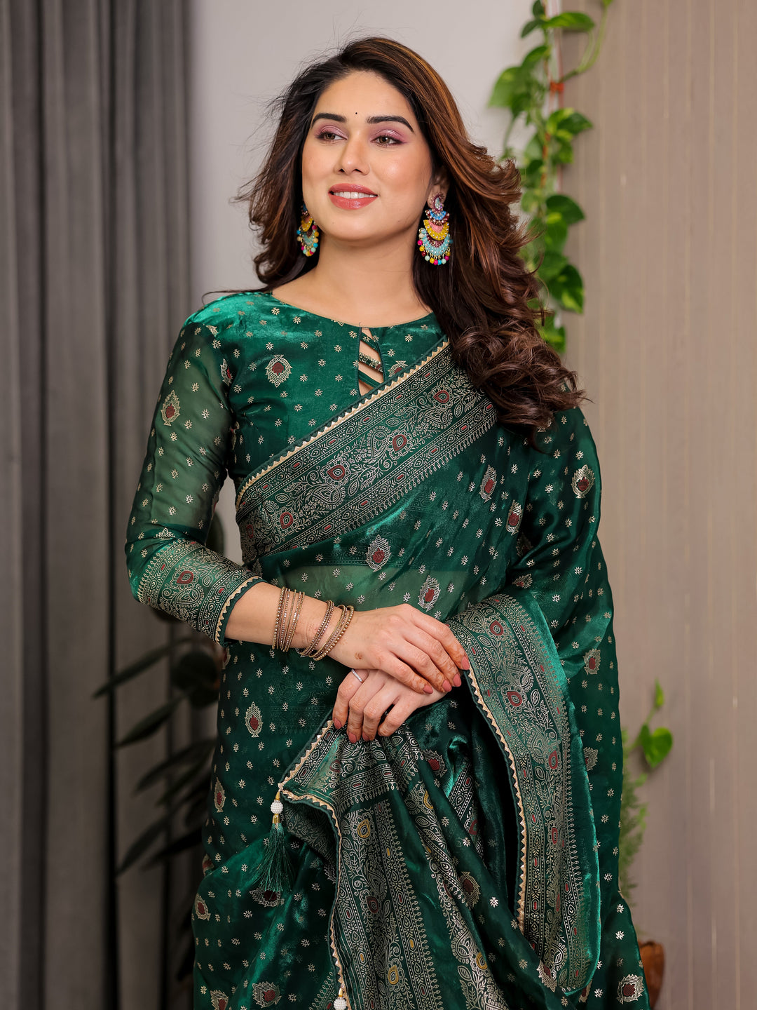 Emerald Green Fendi Satin Block & Foil Printed Saree with Traditional Butti Motifs, Tassel Edges & Attached Blouse