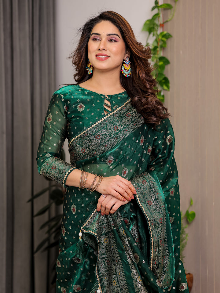 Emerald Green Fendi Satin Block & Foil Printed Saree with Traditional Butti Motifs, Tassel Edges & Attached Blouse