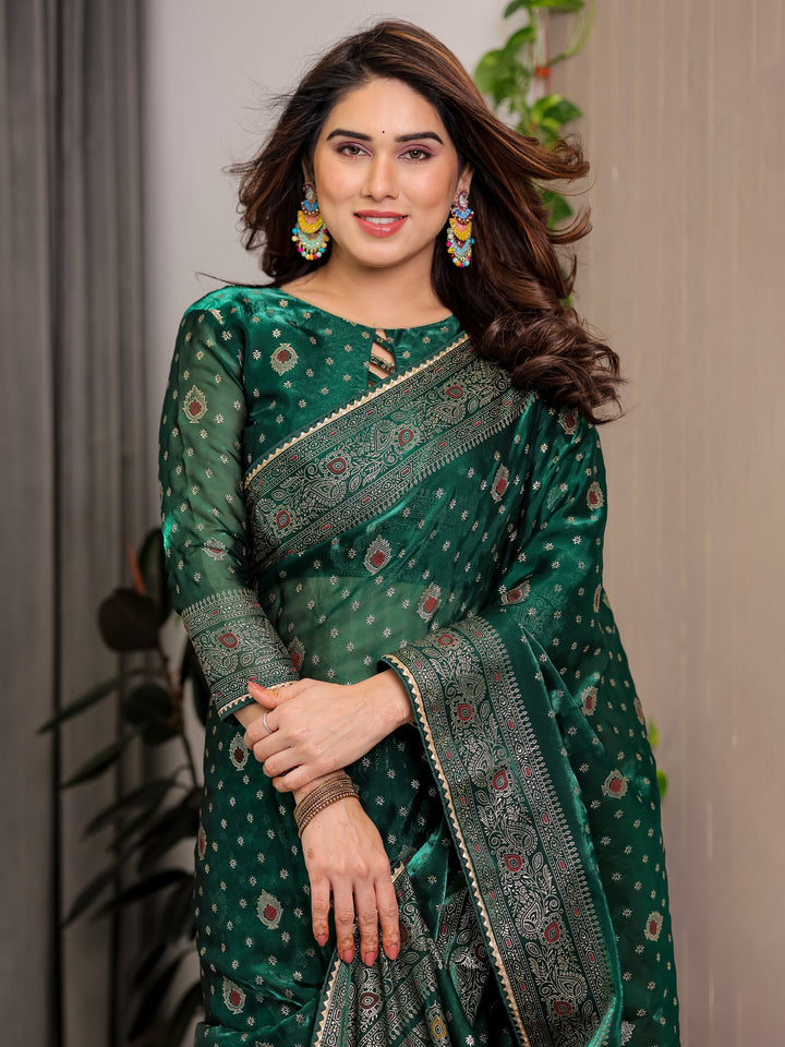 Emerald Green Fendi Satin Block & Foil Printed Saree with Traditional Butti Motifs, Tassel Edges & Attached Blouse