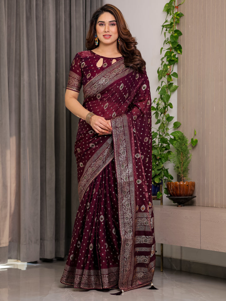 Wine Maroon Fendi Satin Block & Foil Printed Saree with Traditional Butti Motifs, Tassel Edges & Attached Blouse