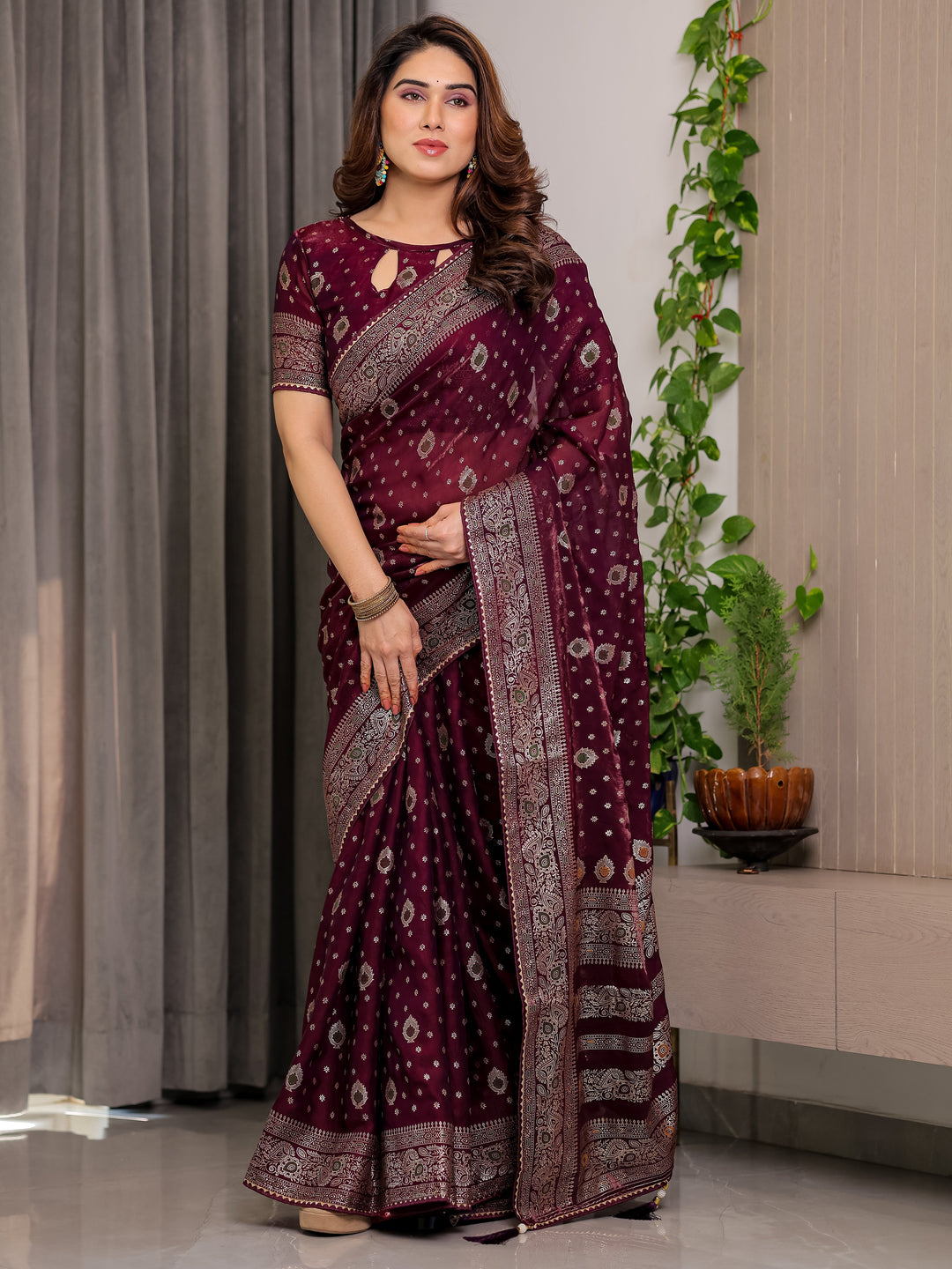 Wine Maroon Fendi Satin Block & Foil Printed Saree with Traditional Butti Motifs, Tassel Edges & Attached Blouse