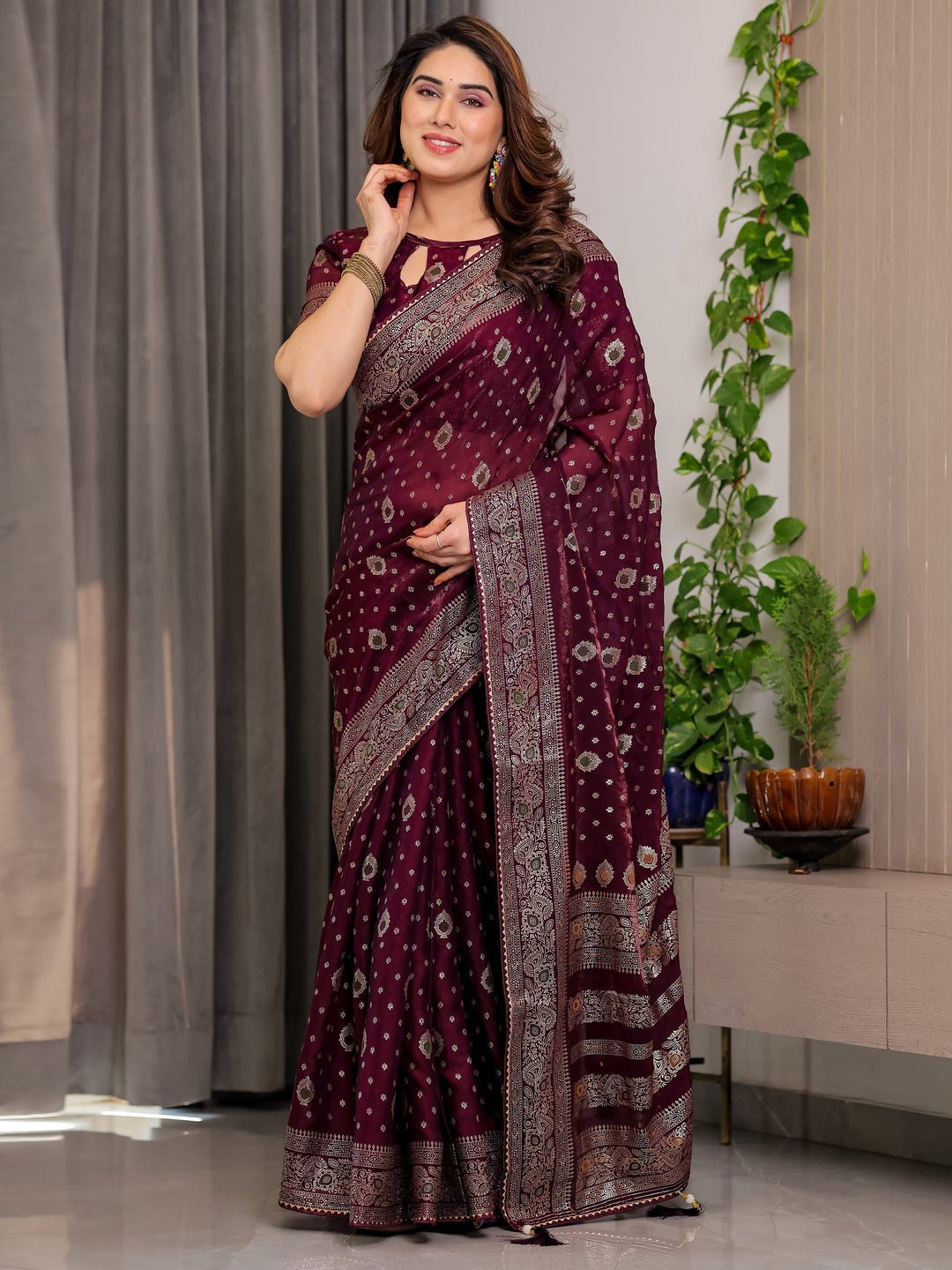 Wine Maroon Fendi Satin Block & Foil Printed Saree with Traditional Butti Motifs, Tassel Edges & Attached Blouse