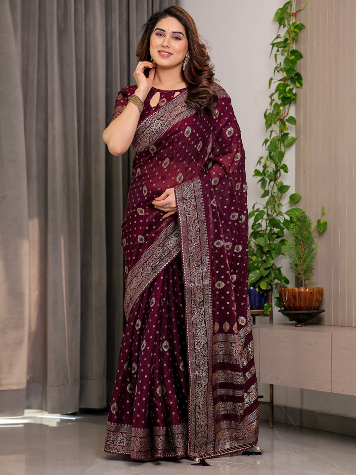 Wine Maroon Fendi Satin Block & Foil Printed Saree with Traditional Butti Motifs, Tassel Edges & Attached Blouse