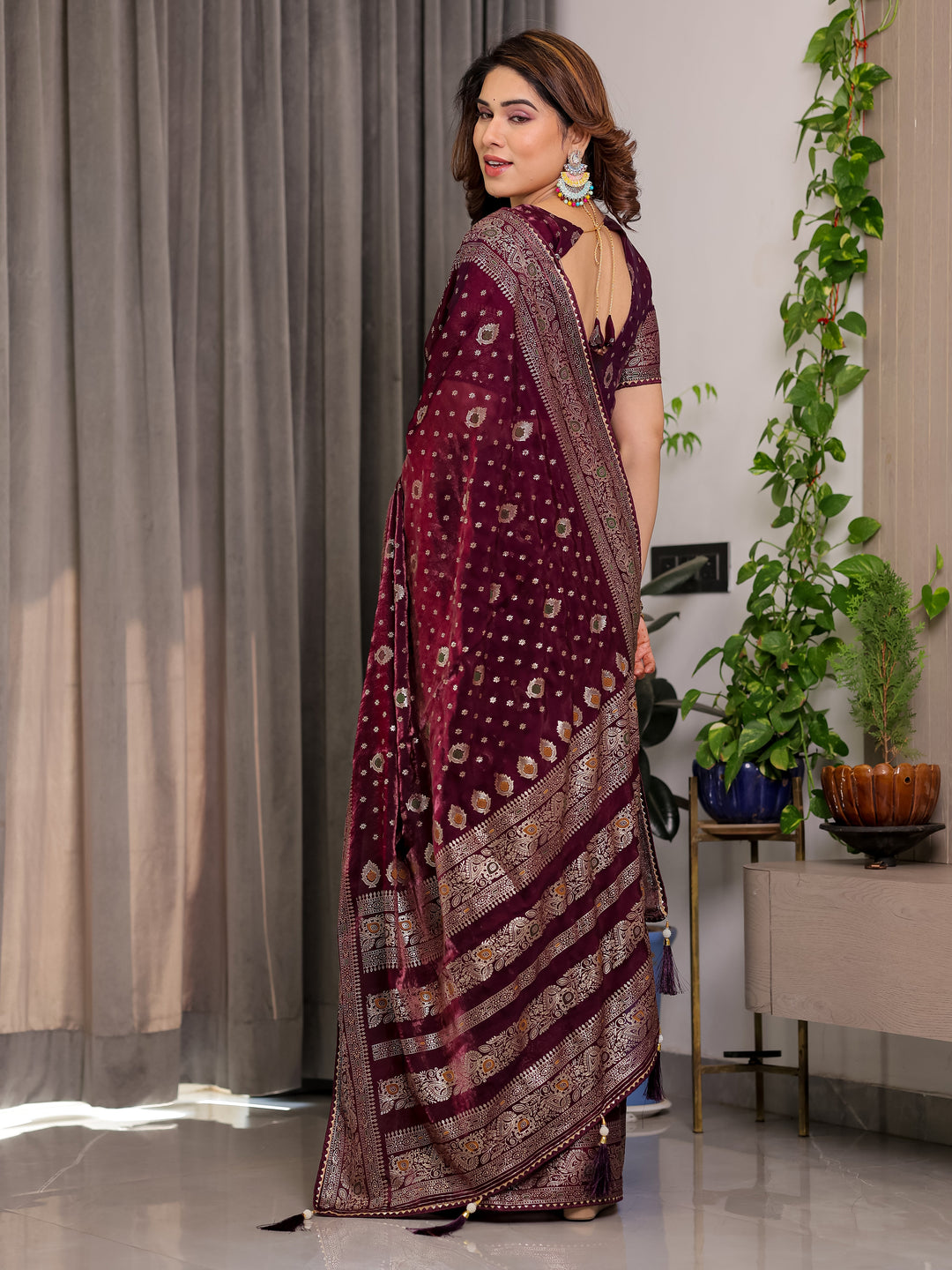 Wine Maroon Fendi Satin Block & Foil Printed Saree with Traditional Butti Motifs, Tassel Edges & Attached Blouse