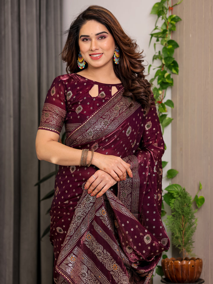 Wine Maroon Fendi Satin Block & Foil Printed Saree with Traditional Butti Motifs, Tassel Edges & Attached Blouse