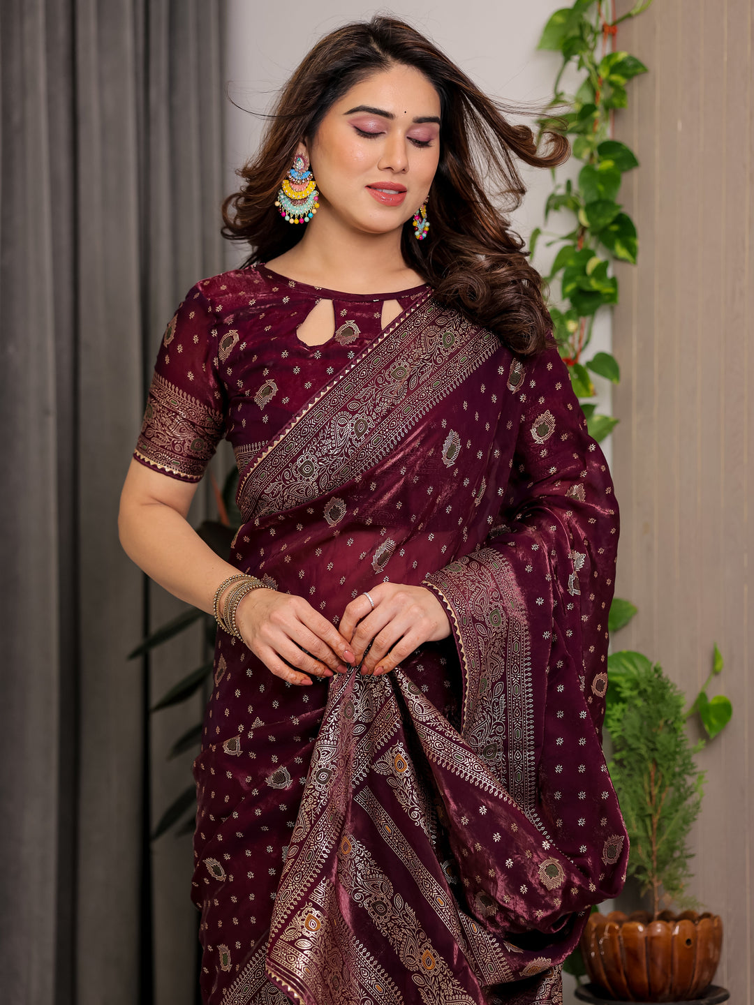 Wine Maroon Fendi Satin Block & Foil Printed Saree with Traditional Butti Motifs, Tassel Edges & Attached Blouse