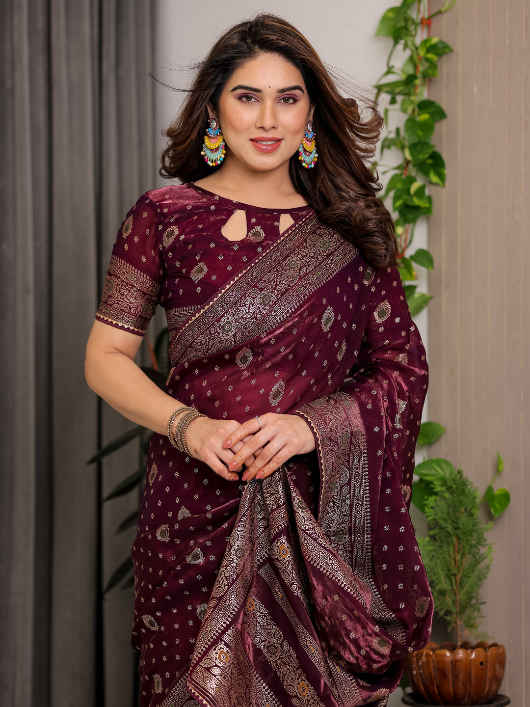 Wine Maroon Fendi Satin Block & Foil Printed Saree with Traditional Butti Motifs, Tassel Edges & Attached Blouse