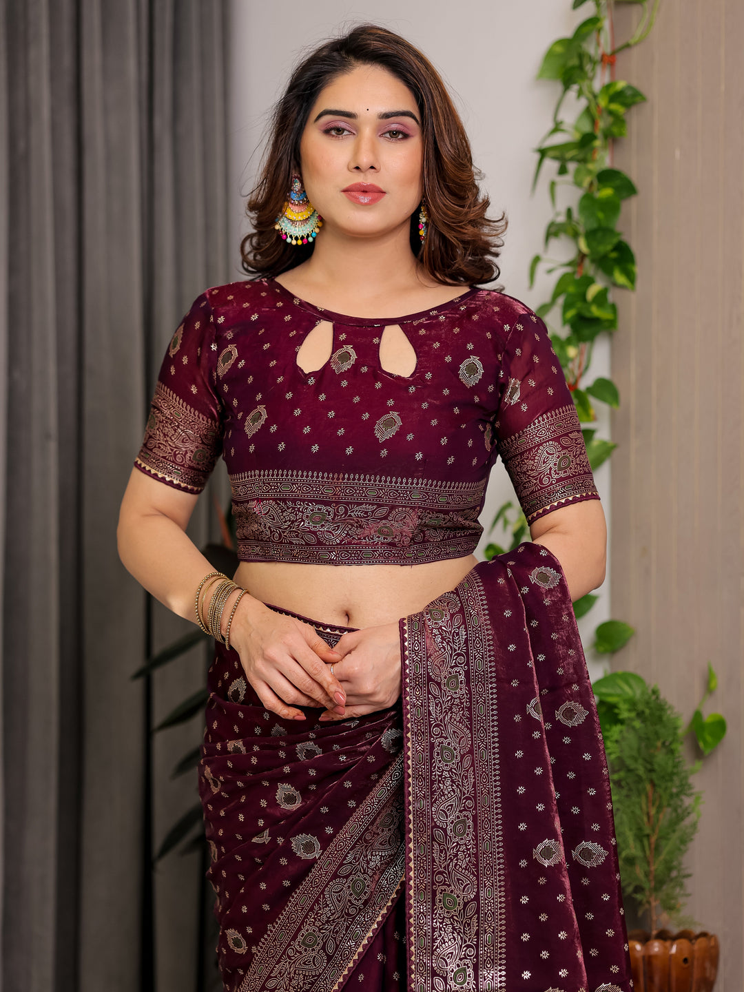Wine Maroon Fendi Satin Block & Foil Printed Saree with Traditional Butti Motifs, Tassel Edges & Attached Blouse