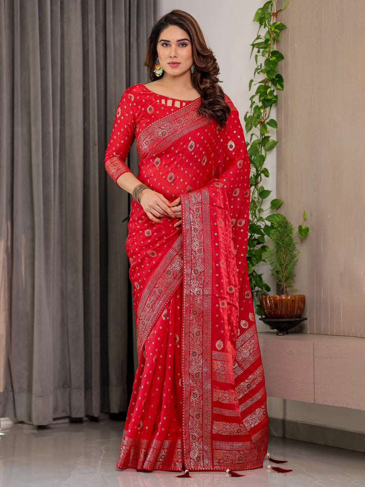 Classic Red Fendi Satin Block & Foil Printed Saree with Traditional Butti Motifs, Tassel Edges & Attached Blouse