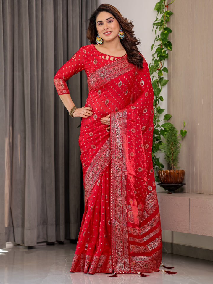 Classic Red Fendi Satin Block & Foil Printed Saree with Traditional Butti Motifs, Tassel Edges & Attached Blouse