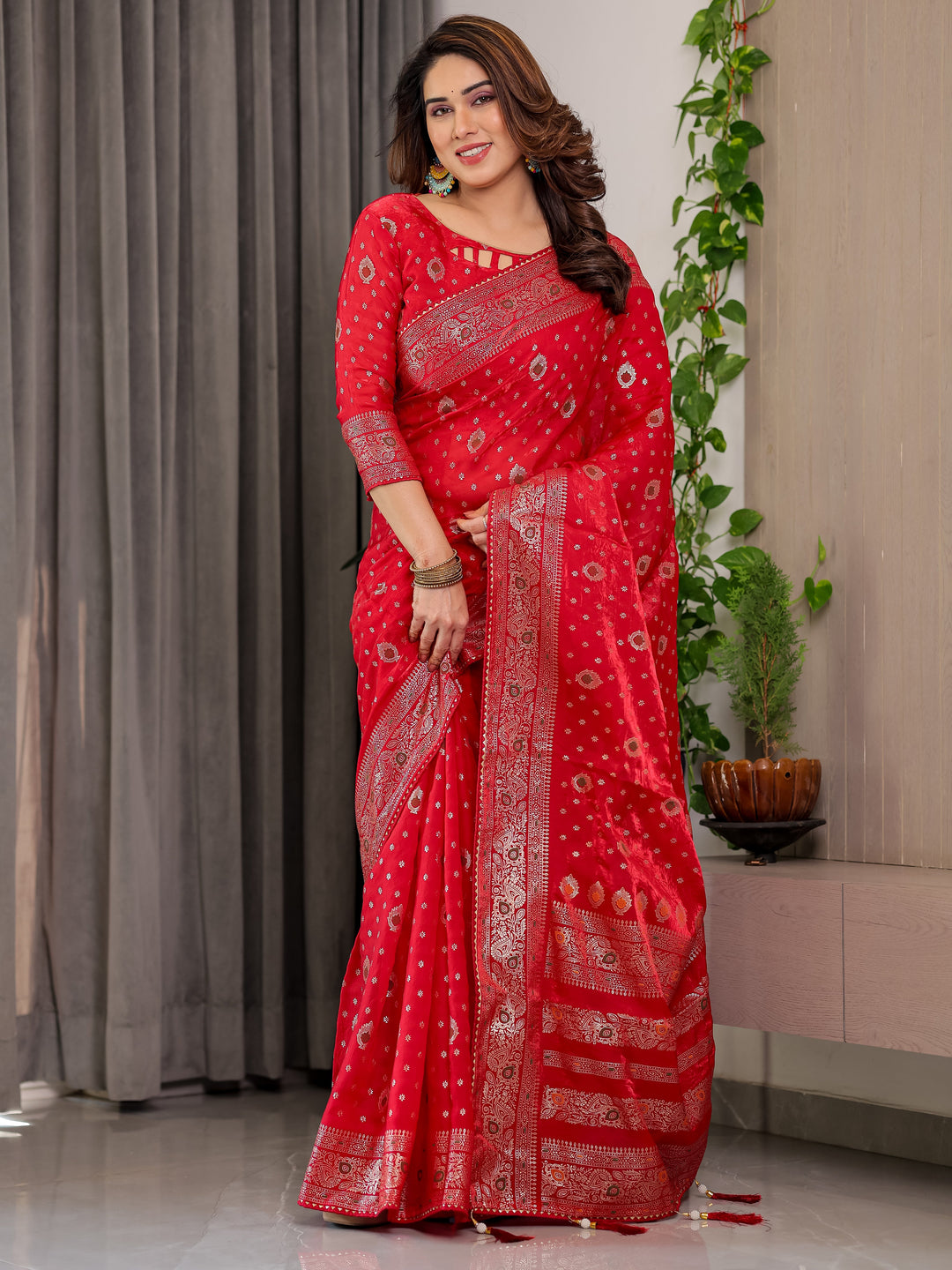 Classic Red Fendi Satin Block & Foil Printed Saree with Traditional Butti Motifs, Tassel Edges & Attached Blouse