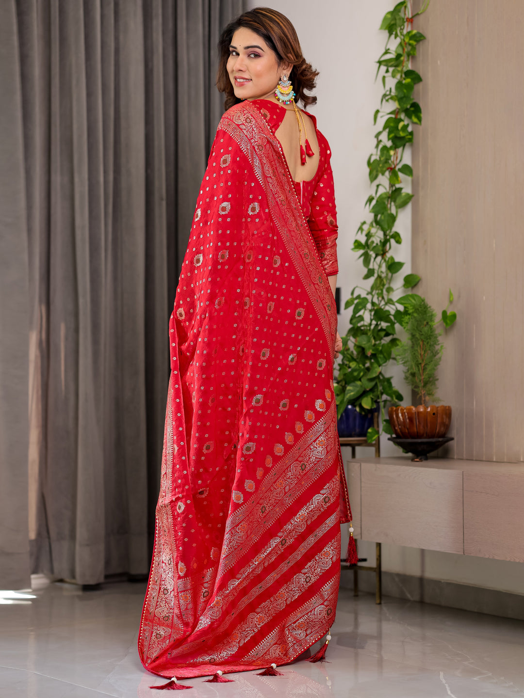 Classic Red Fendi Satin Block & Foil Printed Saree with Traditional Butti Motifs, Tassel Edges & Attached Blouse
