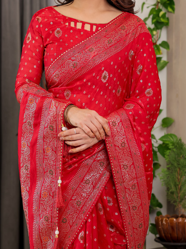Classic Red Fendi Satin Block & Foil Printed Saree with Traditional Butti Motifs, Tassel Edges & Attached Blouse