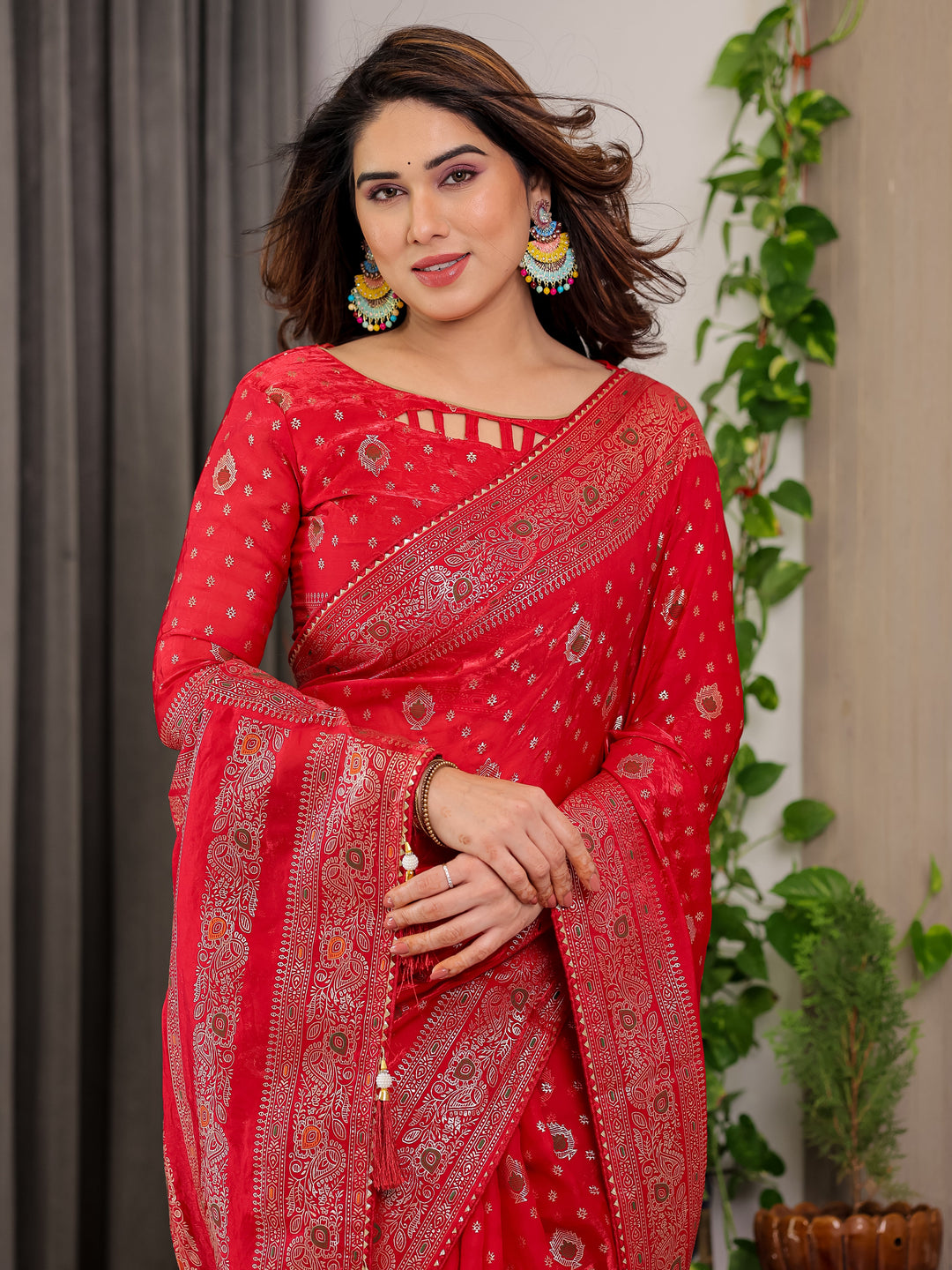 Classic Red Fendi Satin Block & Foil Printed Saree with Traditional Butti Motifs, Tassel Edges & Attached Blouse