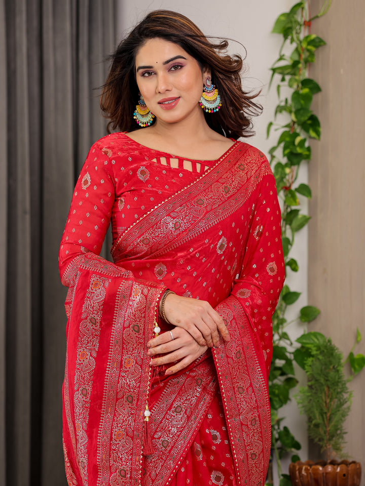 Classic Red Fendi Satin Block & Foil Printed Saree with Traditional Butti Motifs, Tassel Edges & Attached Blouse