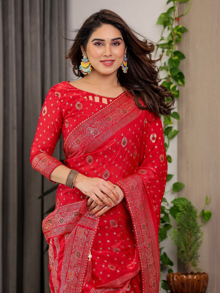 Classic Red Fendi Satin Block & Foil Printed Saree with Traditional Butti Motifs, Tassel Edges & Attached Blouse