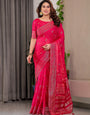 Rani Pink Fendi Satin Block & Foil Printed Saree with Traditional Butti Motifs, Tassel Edges & Attached Blouse