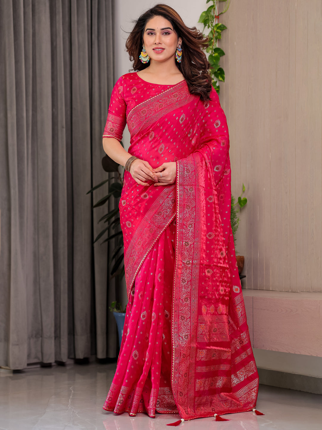 Rani Pink Fendi Satin Block & Foil Printed Saree with Traditional Butti Motifs, Tassel Edges & Attached Blouse