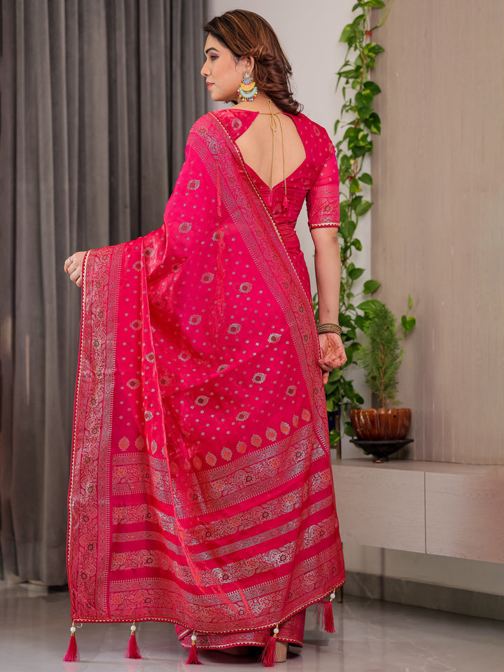 Rani Pink Fendi Satin Block & Foil Printed Saree with Traditional Butti Motifs, Tassel Edges & Attached Blouse