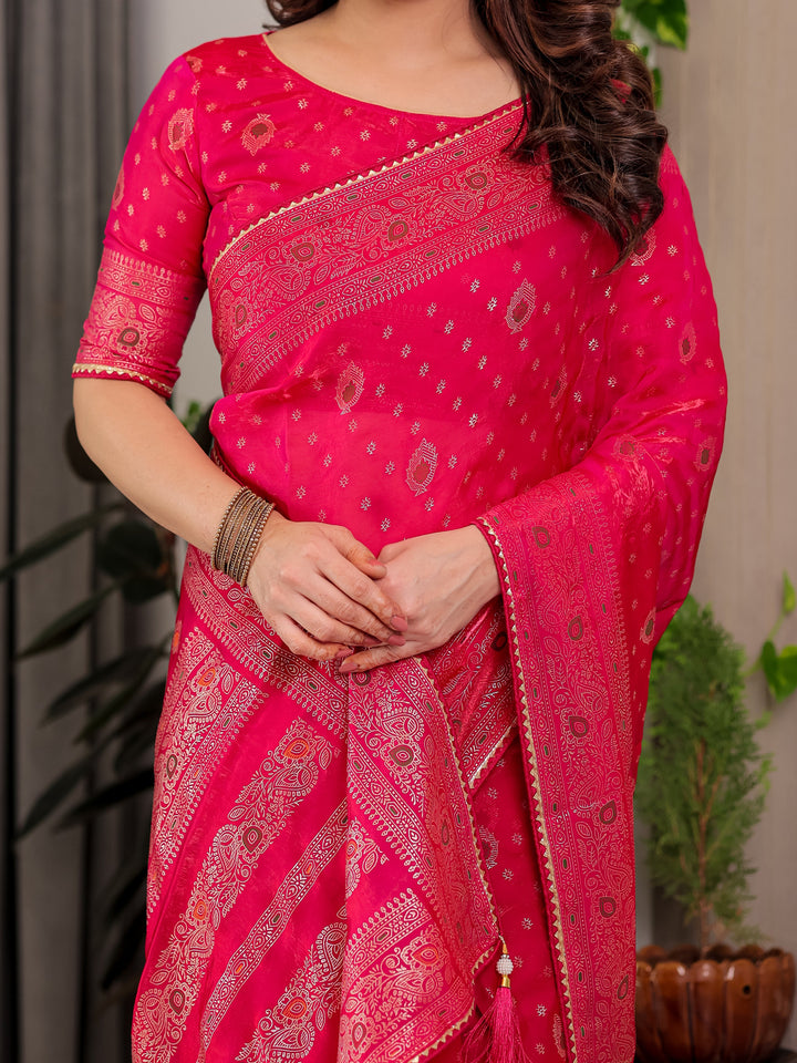 Rani Pink Fendi Satin Block & Foil Printed Saree with Traditional Butti Motifs, Tassel Edges & Attached Blouse