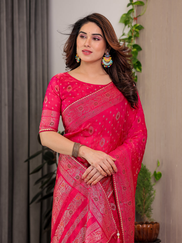 Rani Pink Fendi Satin Block & Foil Printed Saree with Traditional Butti Motifs, Tassel Edges & Attached Blouse