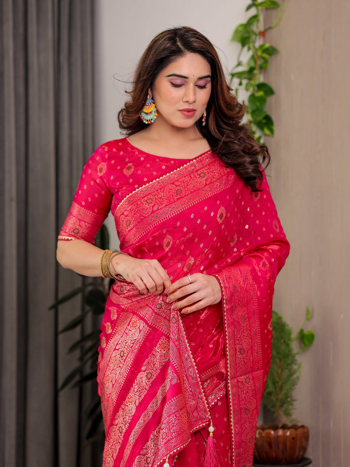 Rani Pink Fendi Satin Block & Foil Printed Saree with Traditional Butti Motifs, Tassel Edges & Attached Blouse