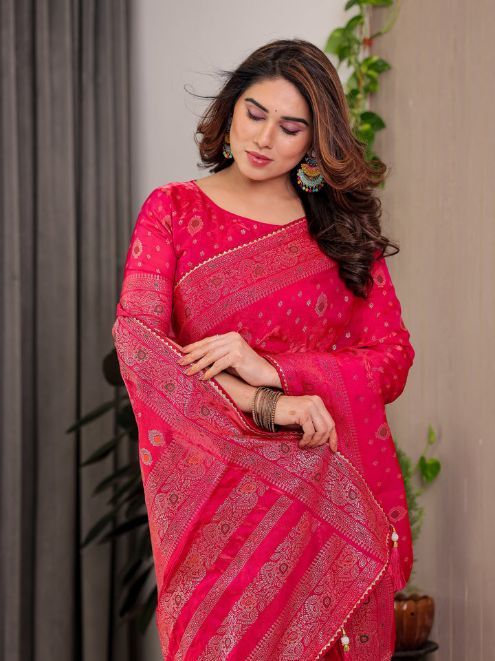 Rani Pink Fendi Satin Block & Foil Printed Saree with Traditional Butti Motifs, Tassel Edges & Attached Blouse