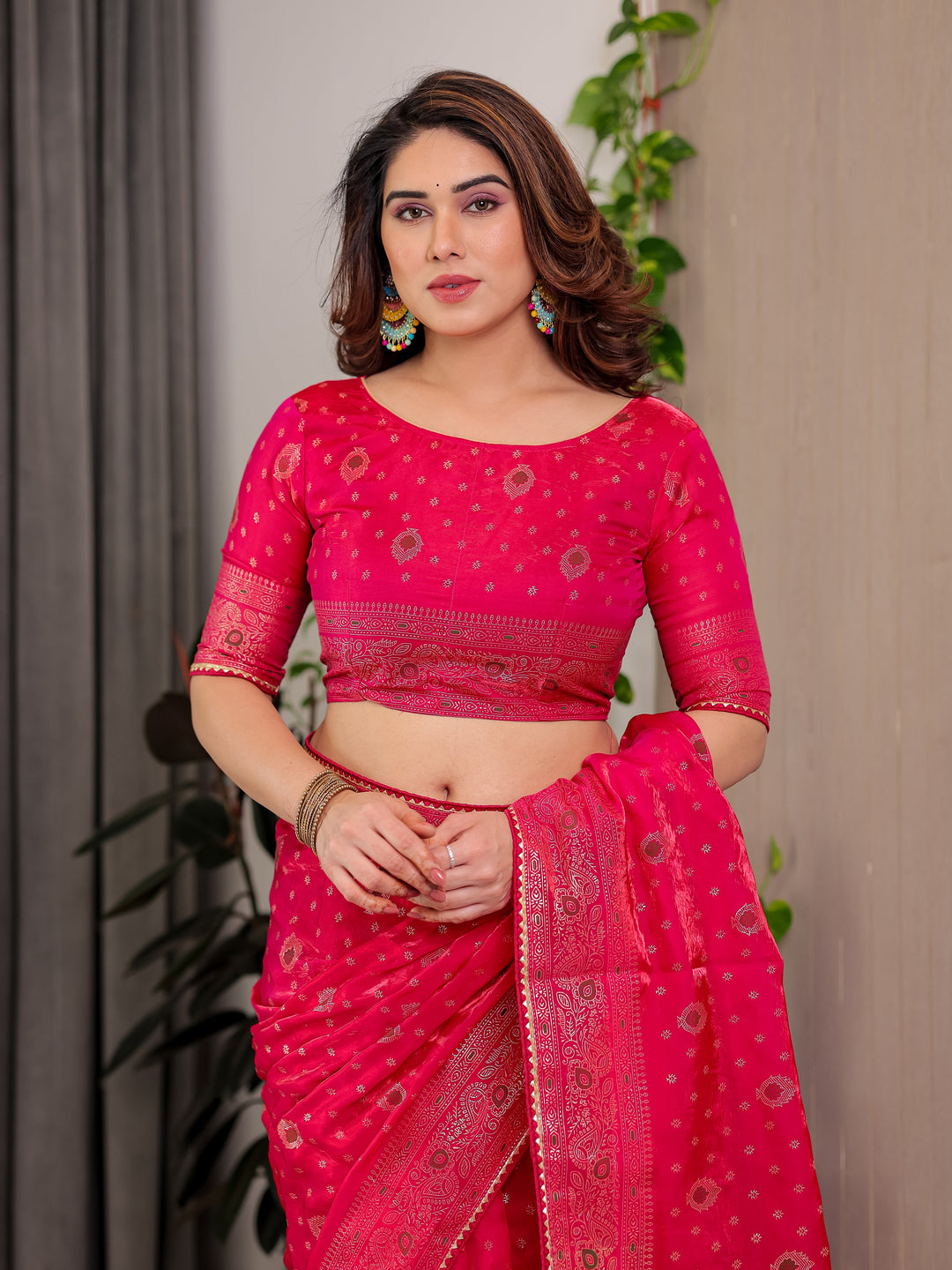 Rani Pink Fendi Satin Block & Foil Printed Saree with Traditional Butti Motifs, Tassel Edges & Attached Blouse